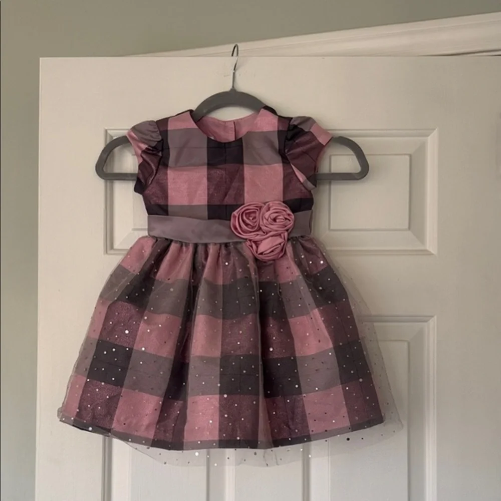 Bonnie Jean Pink and Gray Checkered Dress with Floral Detail